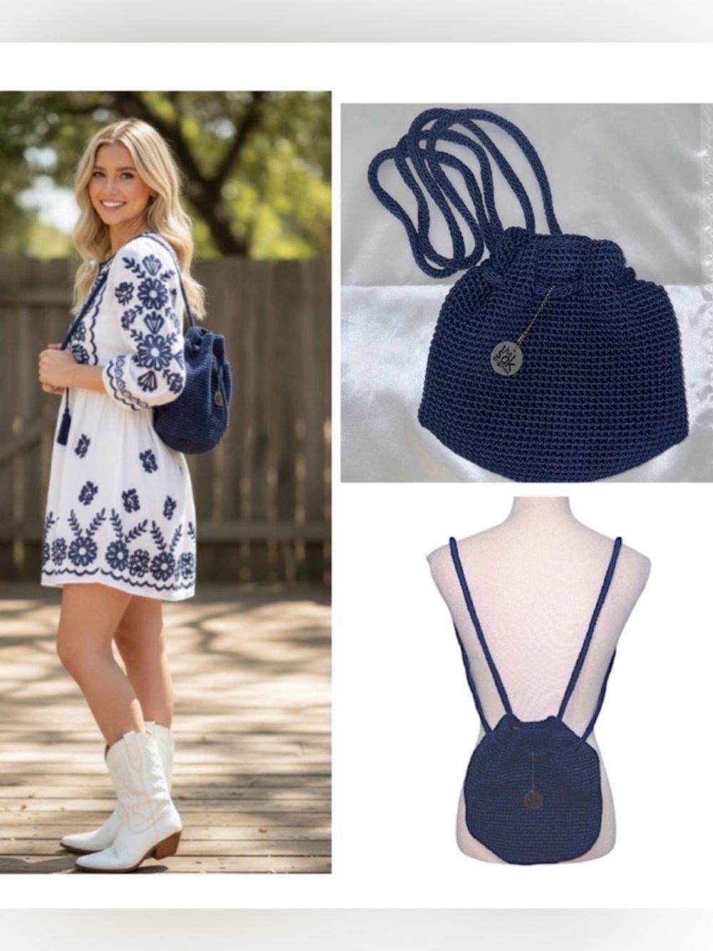 The Sak Knit Pouch or Crocheted Navy Blue Backpack snap closure